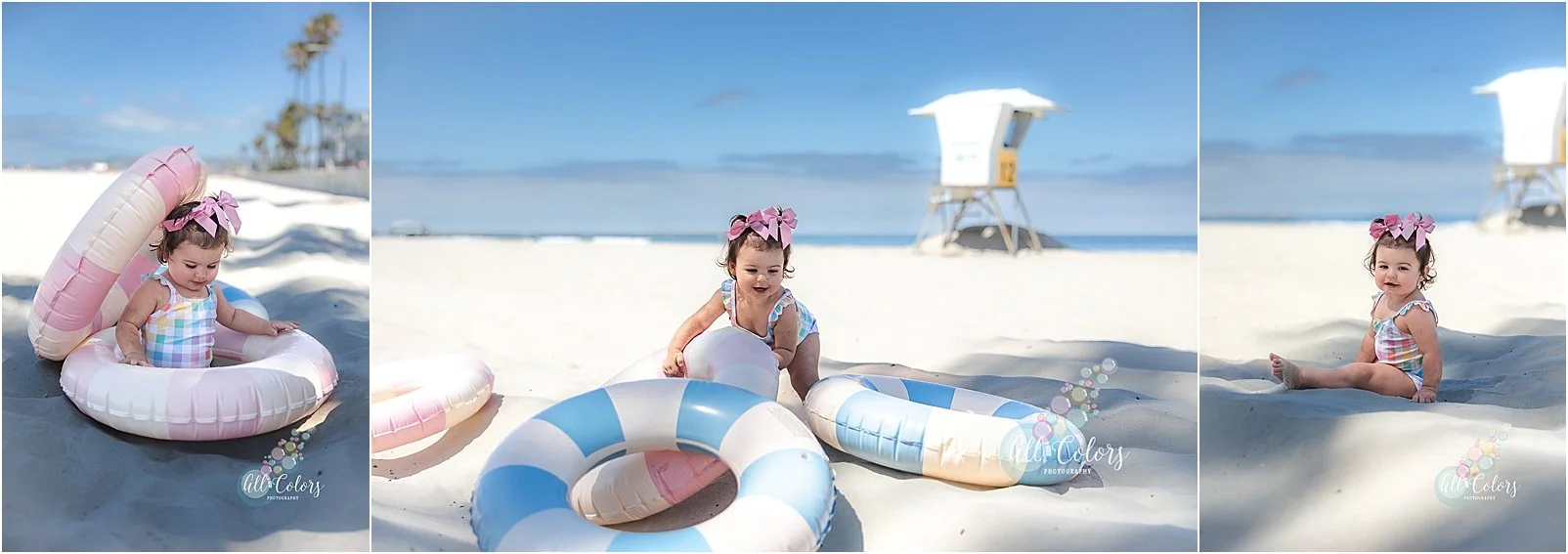 Baby wearing pastel colors bathing suit at the beach in San Diego.