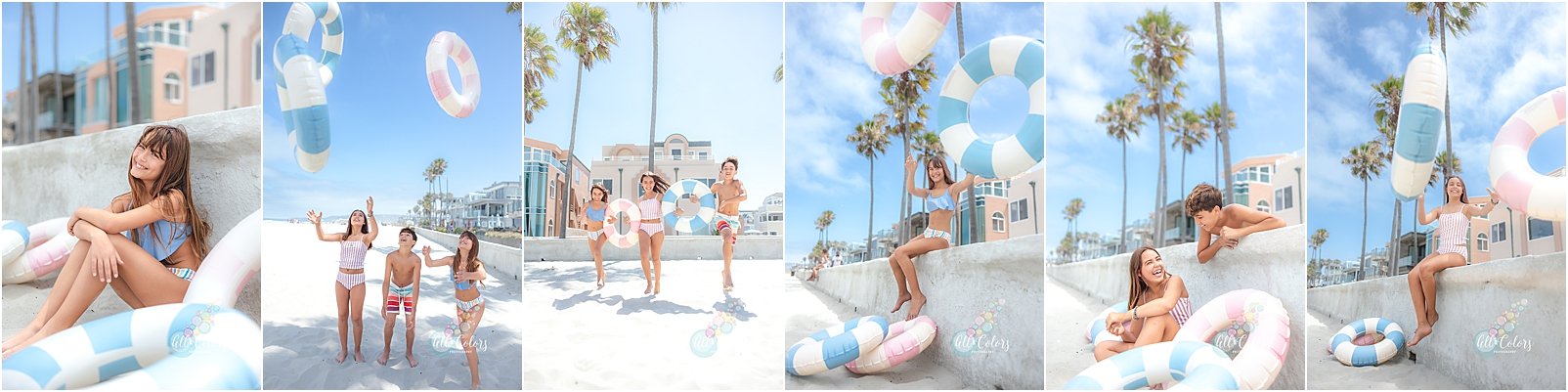 Collage of photos of three kids in pastel colors having fun at the beach in San Diego