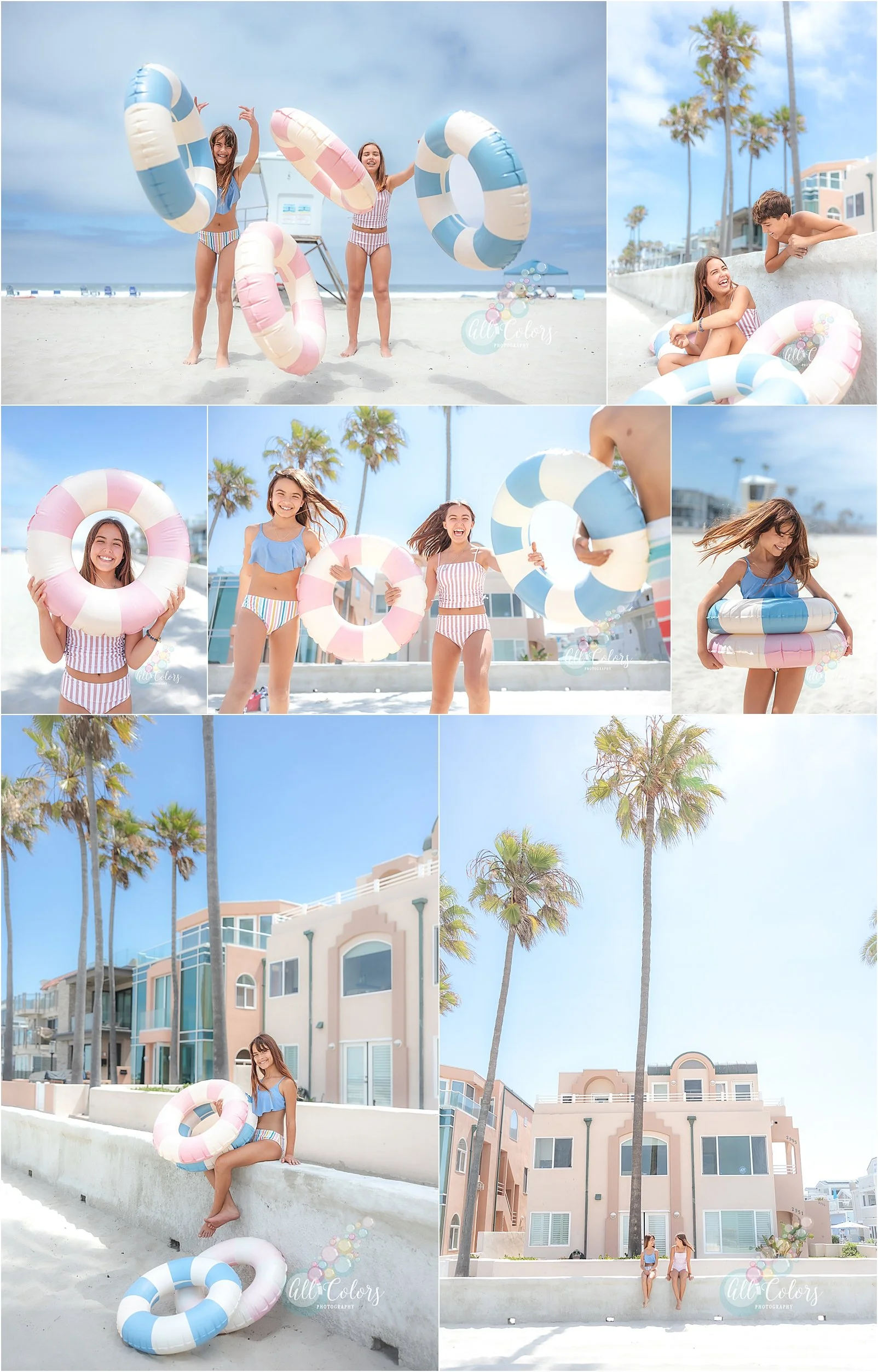 Multiple photos of 3 kids having fun in Mission Beach, San Diego.
