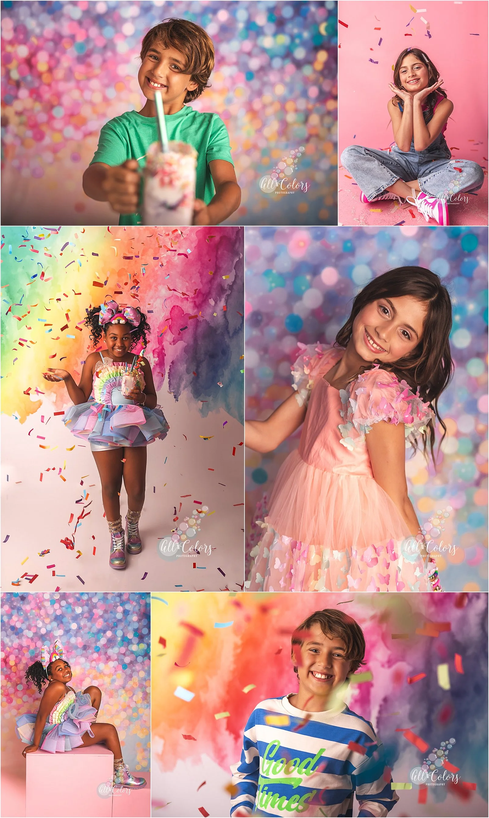 6 different photos of 3 kids celebrating their birthday with a very colorful photoshoot in studio