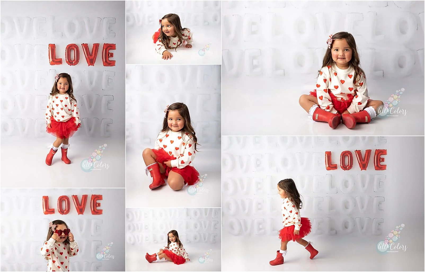 collage of a multiple photos of a little girl dressed for a Valentine's Day photoshoot.