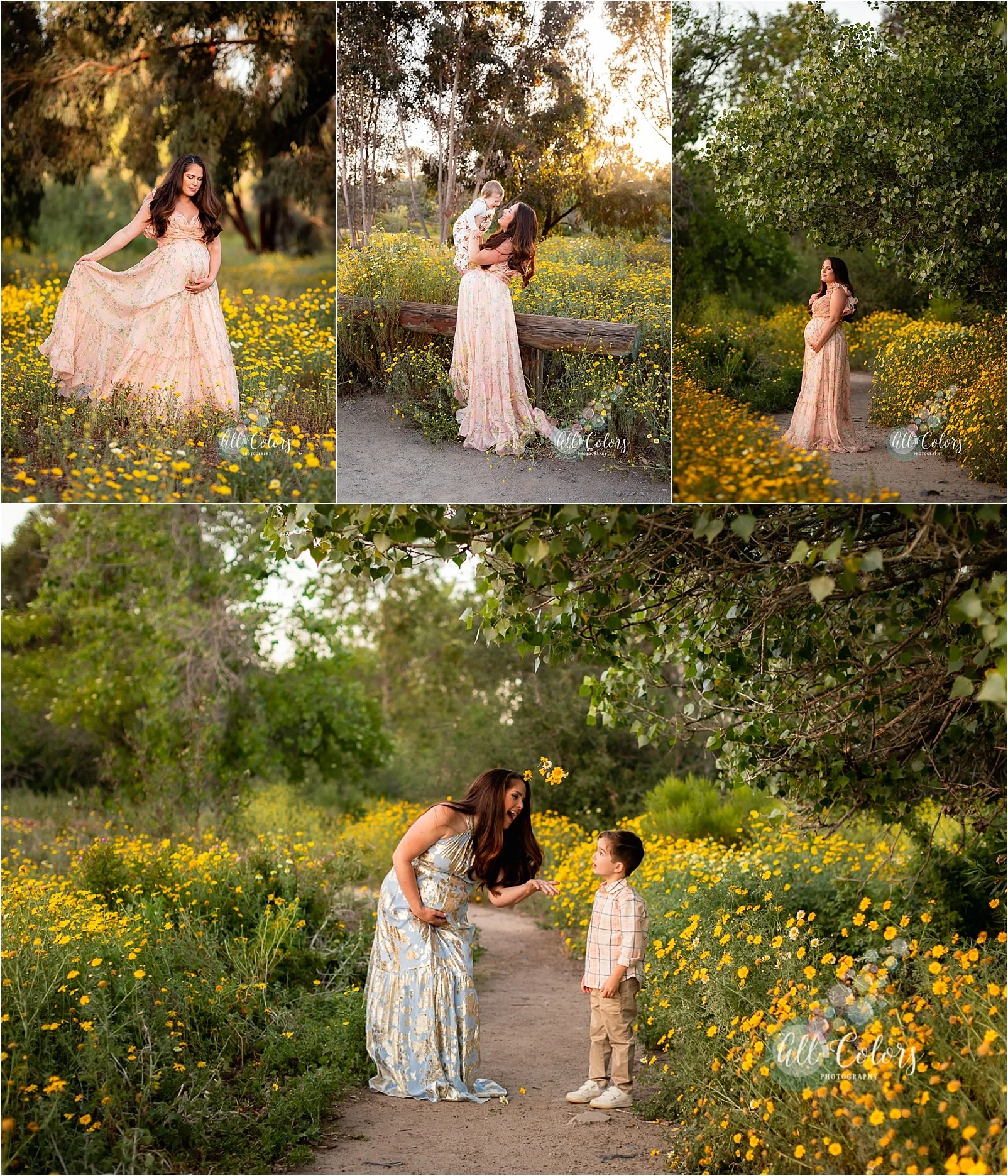 Maternity photos of a mom and 2 kids on a flower field in San Diego, CA