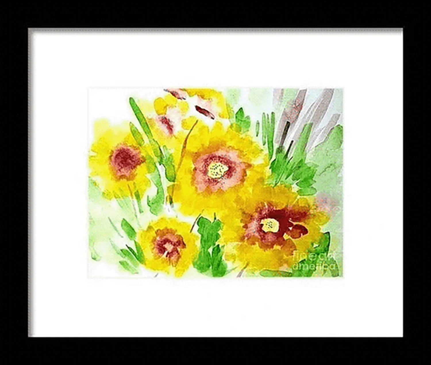 Watercolor painting of yellow and red flowers with green leaves.