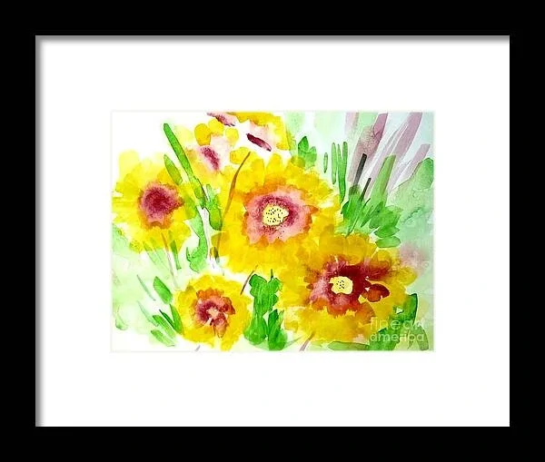 Watercolor painting of yellow flowers with reddish centers and green foliage on a white background.