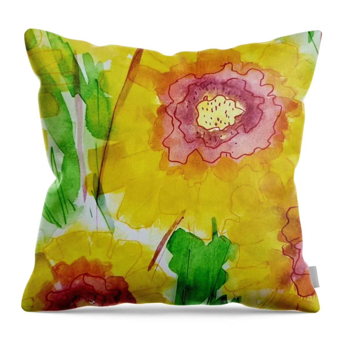 Colorful throw pillow with a watercolor floral pattern featuring yellow, pink, and green hues.