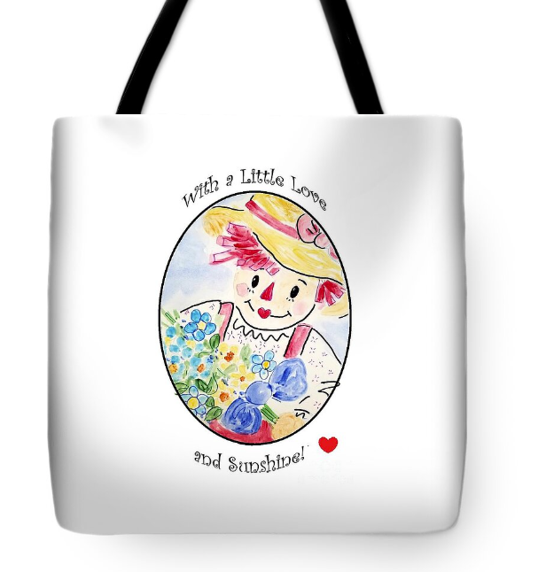 A white tote bag with a colorful watercolor illustration of a girl in a yellow hat holding flowers, surrounded by a floral background. The bag has the text "With a Little Love and Sunshine!" and a red heart beneath the illustration.