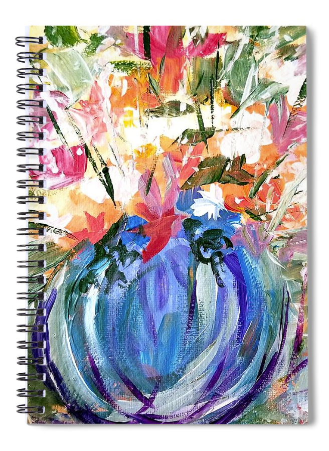 Abstract floral painting of a blue and purple vase with pink, orange, red, white, and green flowers and leaves on a colorful background.