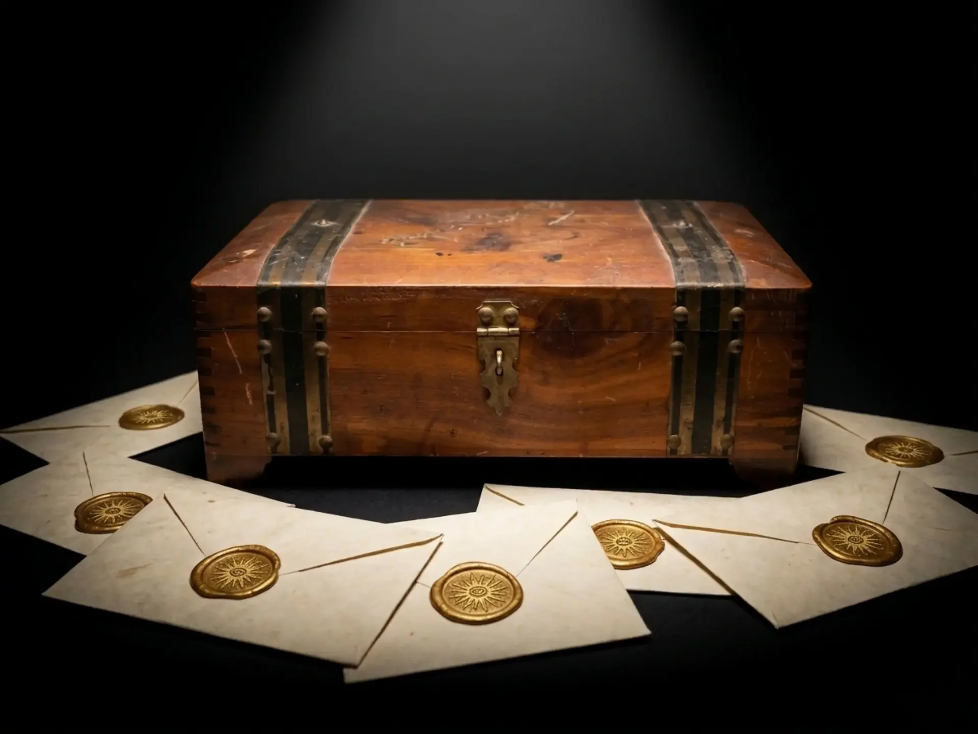 The Mystery Box from The Poetry Vessel Podcast. An ornate wooden box with metal accents and a lock, surrounded by letters containing submitted poetry.