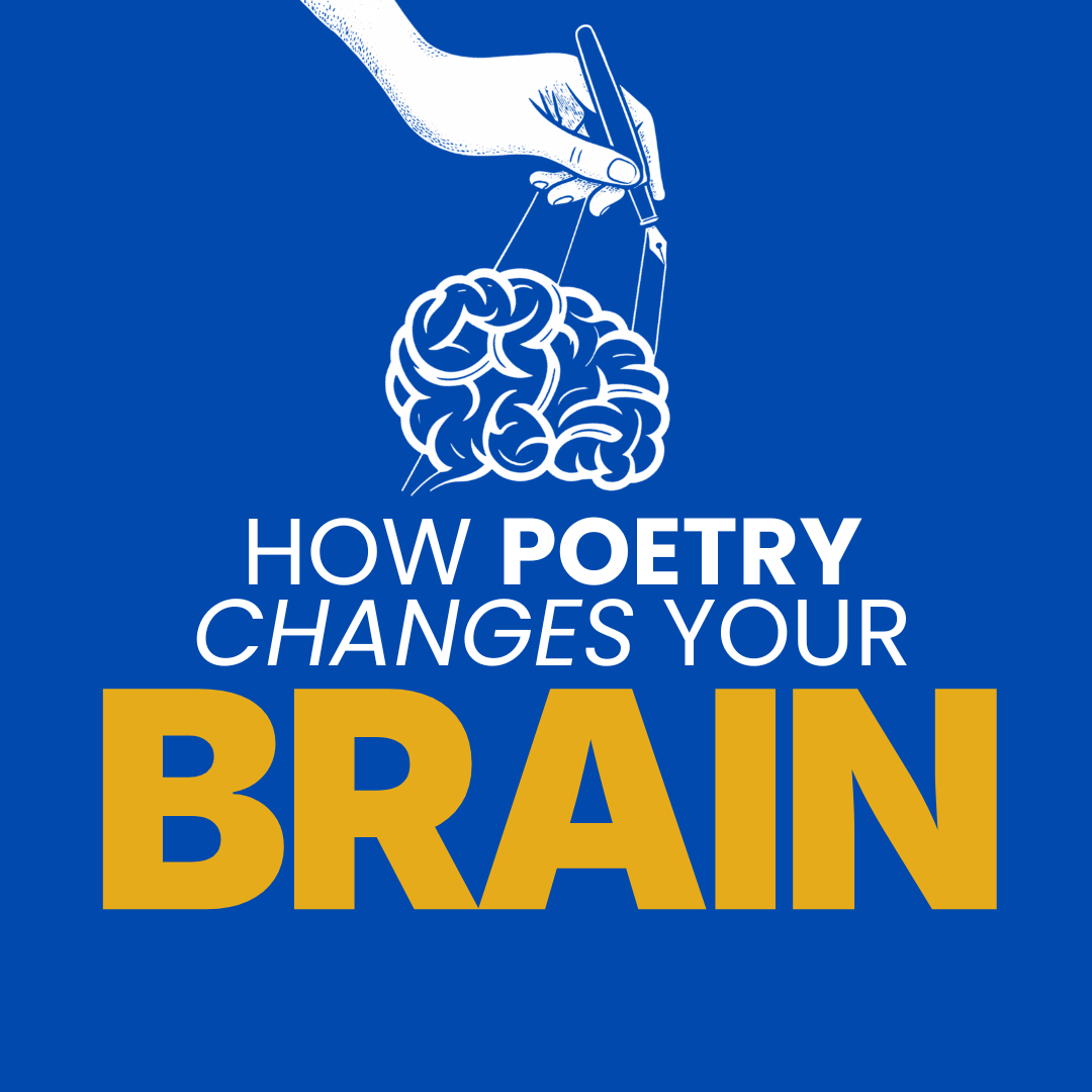 Online Video Course titled "How Poetry Changes Your Brain" with a blue background, an illustration of a hand holding a pen drawing a brain, and text in white and gold.