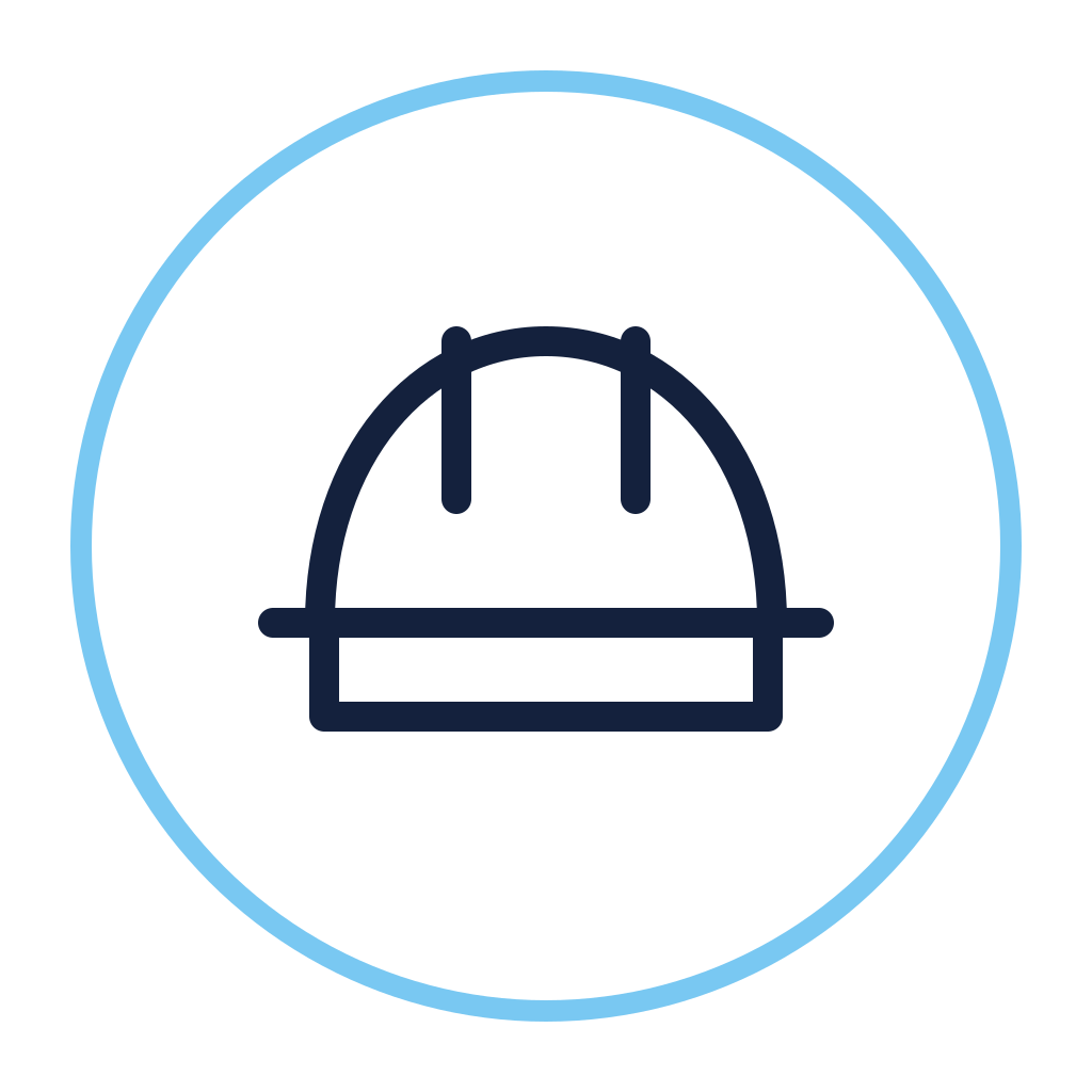 Icon of a construction hard hat with blue outline on a white circular background.