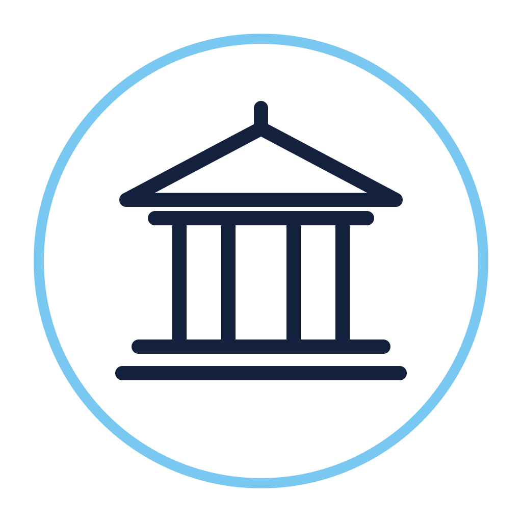 Bank or government building icon with columns, enclosed in a circular blue border