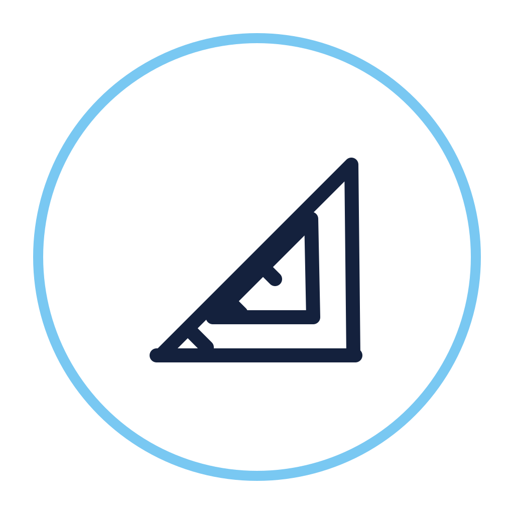 Black circle with a blue outline containing a nested blue outline of a right triangle ruler inside.