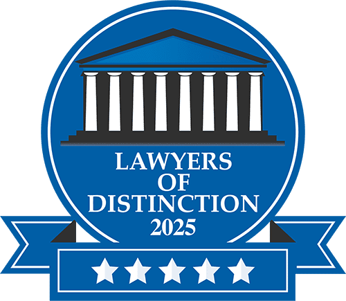 Blue circular badge with a courthouse illustration and the text "Lawyers of Distinction 2025" and five stars at the bottom.