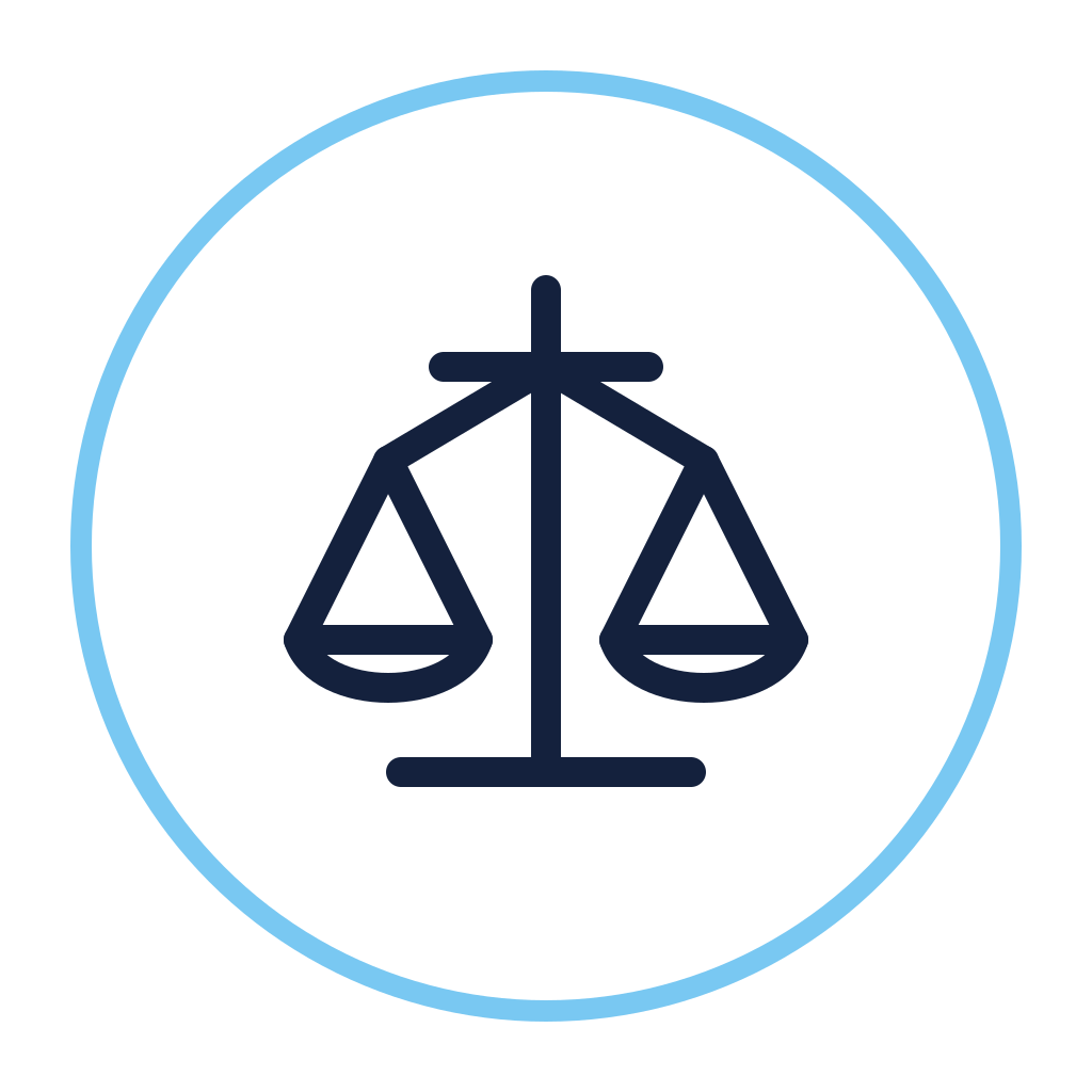 Icon of balanced scales, representing justice or law.