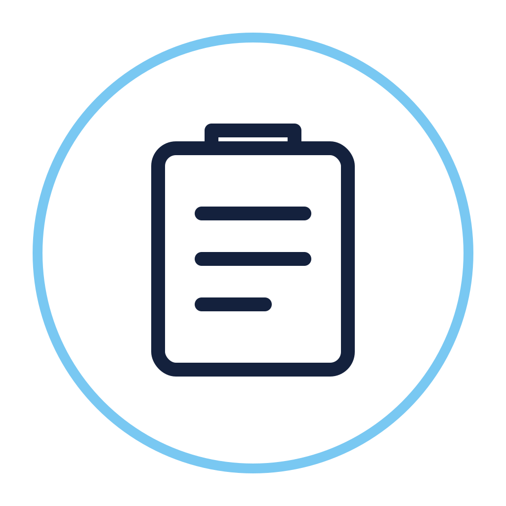 Icon of a clipboard with lines representing text, enclosed in a circle with a blue border.