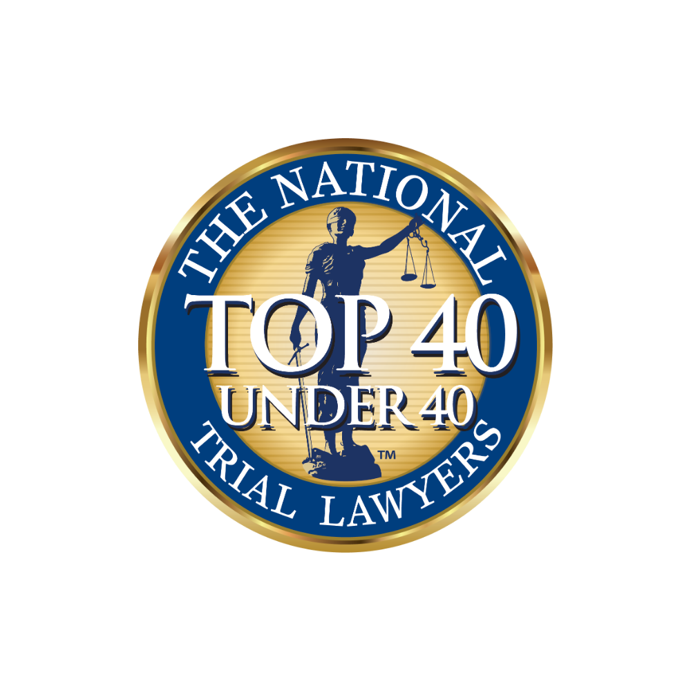 Logo for The National Top 40 Under 40 Trial Lawyers, featuring a scale held by a statue of Lady Justice.