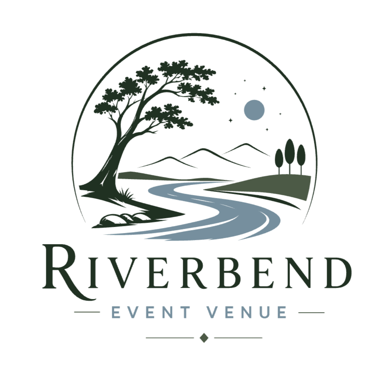 Logo for Riverbend Entertainment featuring a stylized landscape with a large tree on the left, a river flowing from the foreground toward mountains in the background, and a moon or sun in the sky.