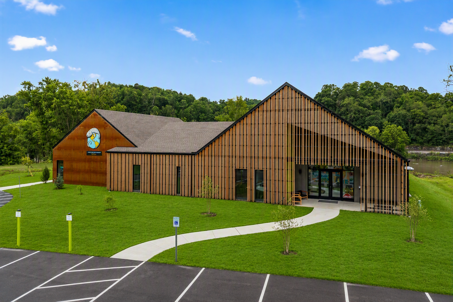 Riverbend aerial entry way and parking