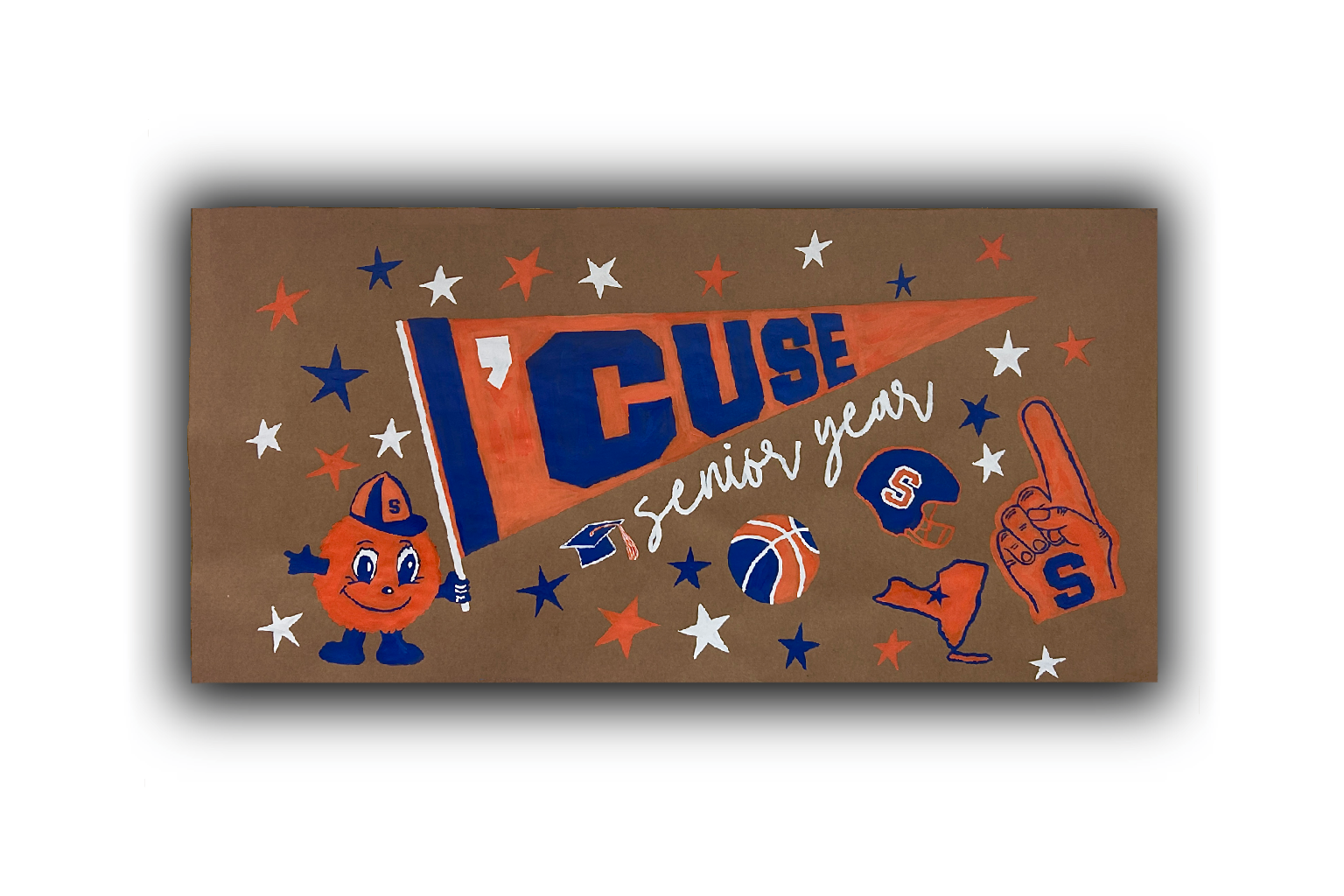 Handmade senior year college graduation celebration poster in orange, blue, white, and brown colors. Features a mascot character with a graduation cap, a pennant with the word 'CUSE,' a graduation cap, basketball, football helmet, a foam finger, and 