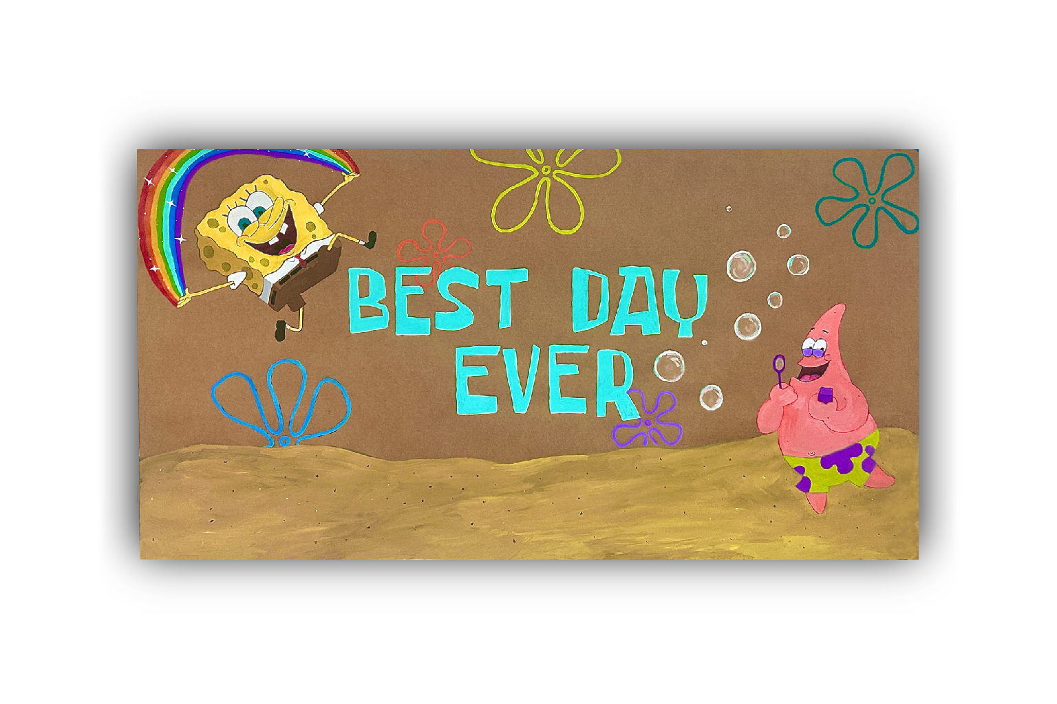 Underwater scene with SpongeBob SquarePants jumping with a rainbow, and Patrick Star blowing bubbles, with the text "Best Day Ever" in the center.