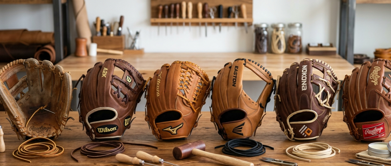 A row of six baseball gloves in various shades of brown and tan on a wooden table, each with a different brand logo and design, surrounded by baseball equipment such as laces, a small mallet, and tools.