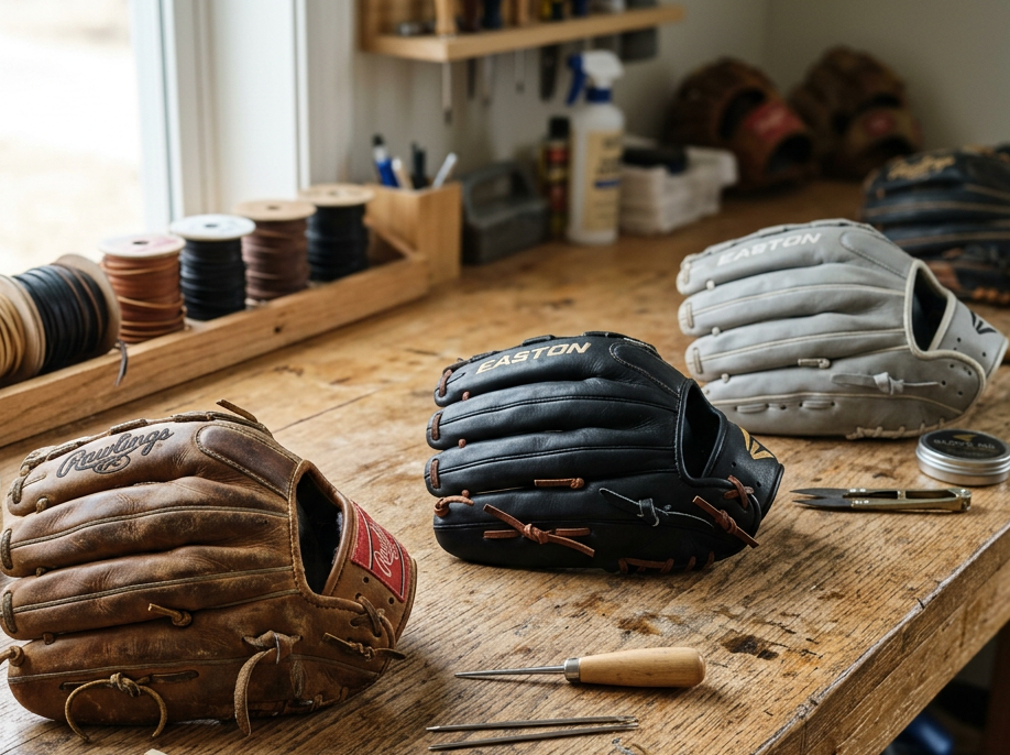 A wooden workbench with three baseball gloves and baseballs, and baseball glove laces. In the background, there are spools of lace, and shelves with tools and supplies.