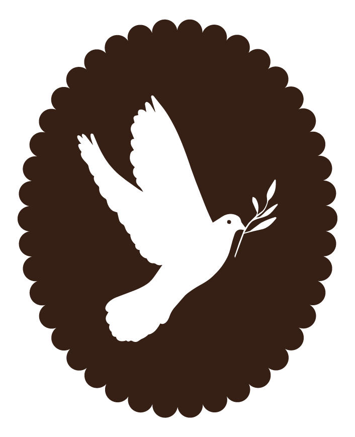 Silhouette of a dove holding an olive branch with a scalloped brown border background.
