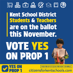 Campaign flyer for Kent School District promoting voting yes on Prop 1, featuring students and teachers, with a young boy holding a backpack and smiling.