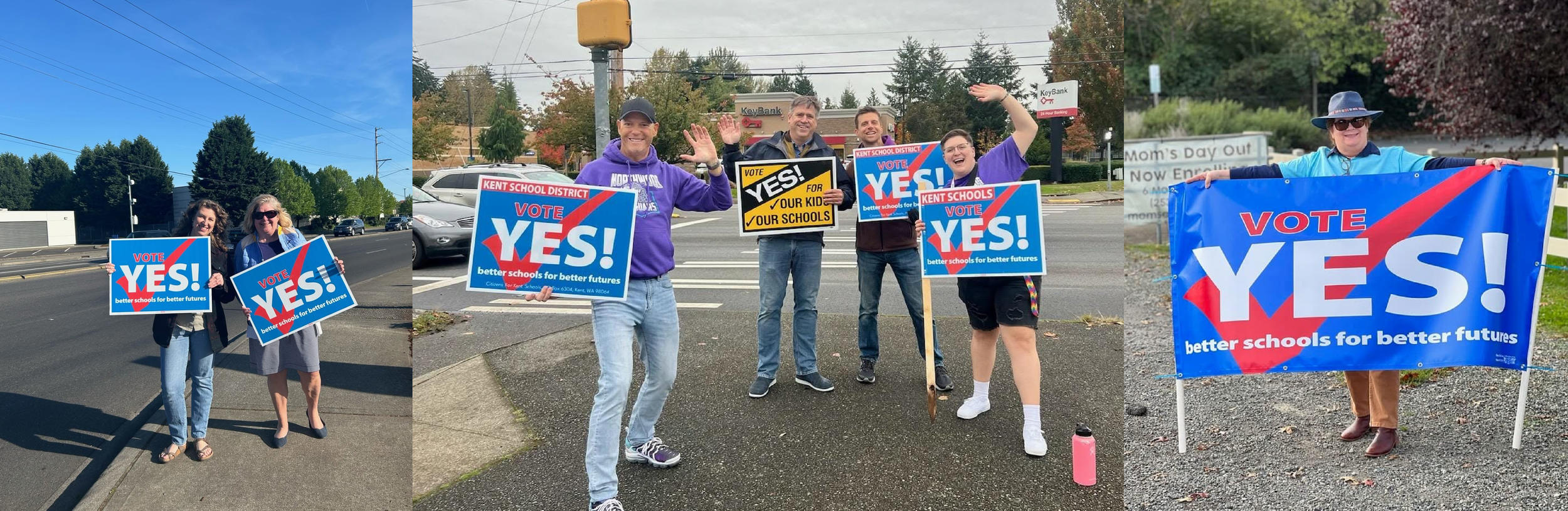 Group of people holding signs and banners supporting voting for school district improvements. The signs read 'Vote Yes! better schools for better futures'. The group is outdoors, smiling, waving, and showing enthusiasm.