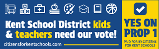 A digital graphic promoting voting for Kent School District kids and teachers, with a call to support Proposition 1 for funding in Kent schools, include a checkmark and the website citizenschampionsteachers.com.