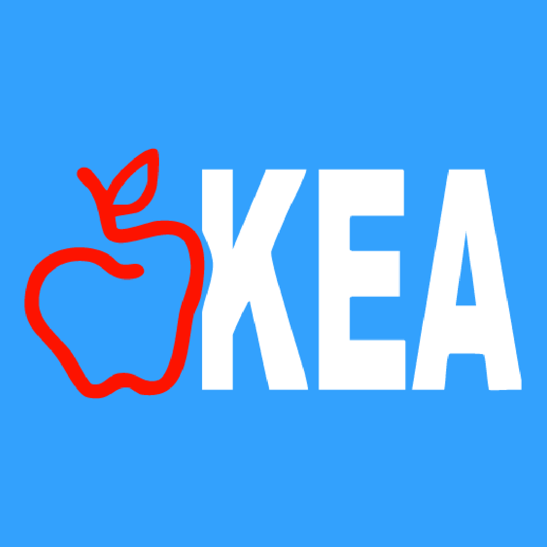 A blue background with the white text 'KEA' and a red outline drawing of an apple to the left of the text.