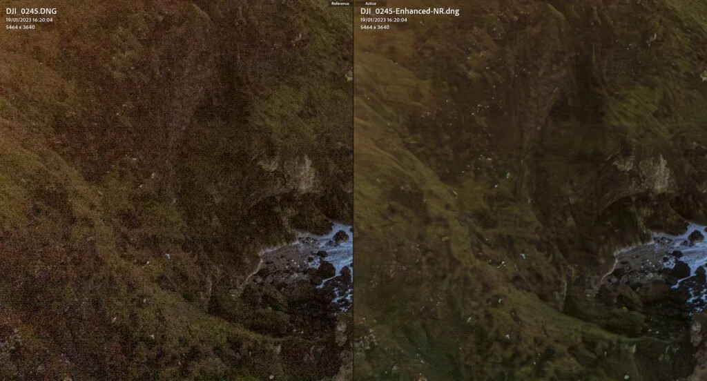Adobe Denoise comparison of extreme shadow recovery in a DJI Air 2S RAW file, showing noise reduction and recovered cliff detail.