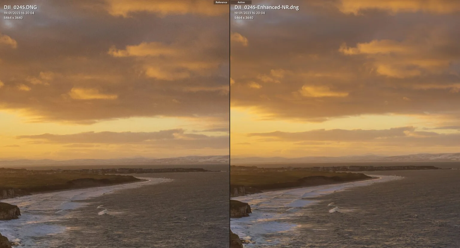 Adobe Denoise before-and-after comparison showing reduced noise in the sky of a drone landscape photograph at sunset.