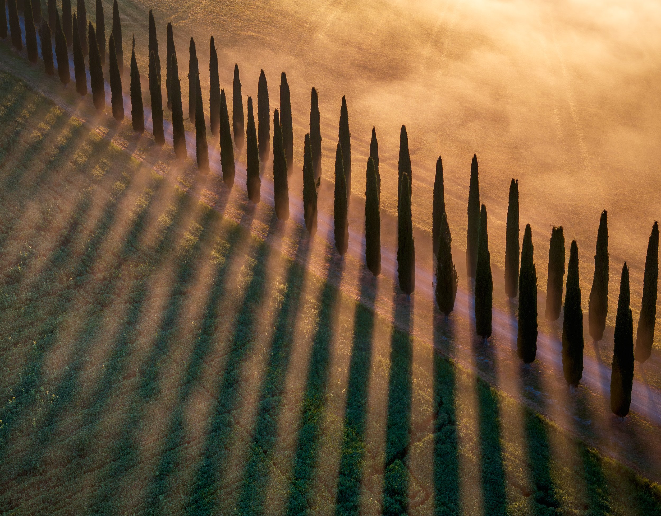Aerial landscape photograph of Agriturismo Poggio Covili, Val d'Orcia, Tuscany, Italy at sunset.