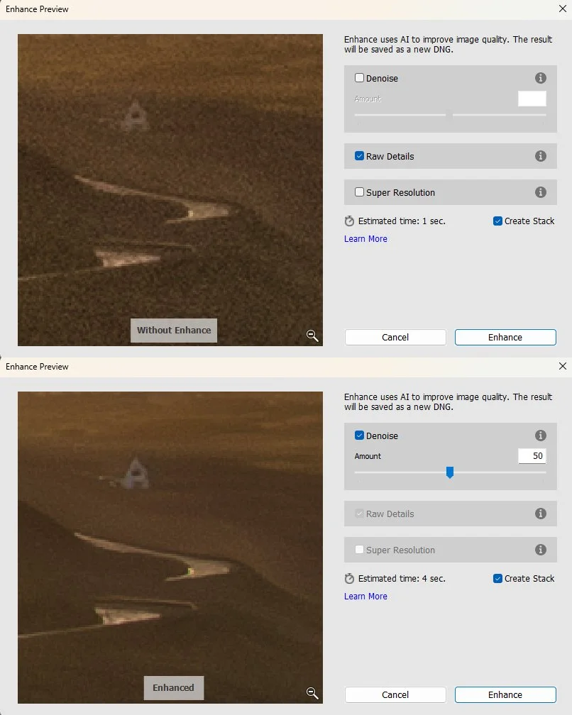 Adobe Lightroom Denoise Enhance interface comparing a noisy drone RAW image before and after AI Denoise.