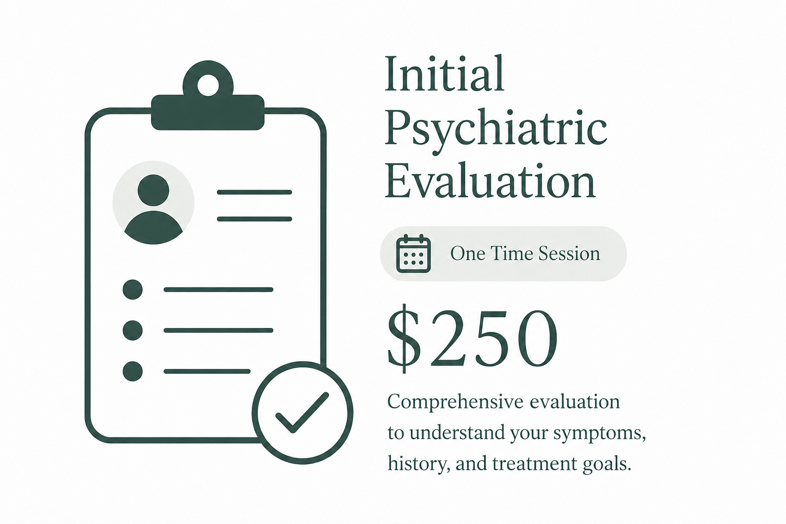 Information about initial psychiatric evaluation, showing a clipboard icon, a price of $250, and a description of a one-time session for comprehensive evaluation of symptoms, history, and treatment goals.