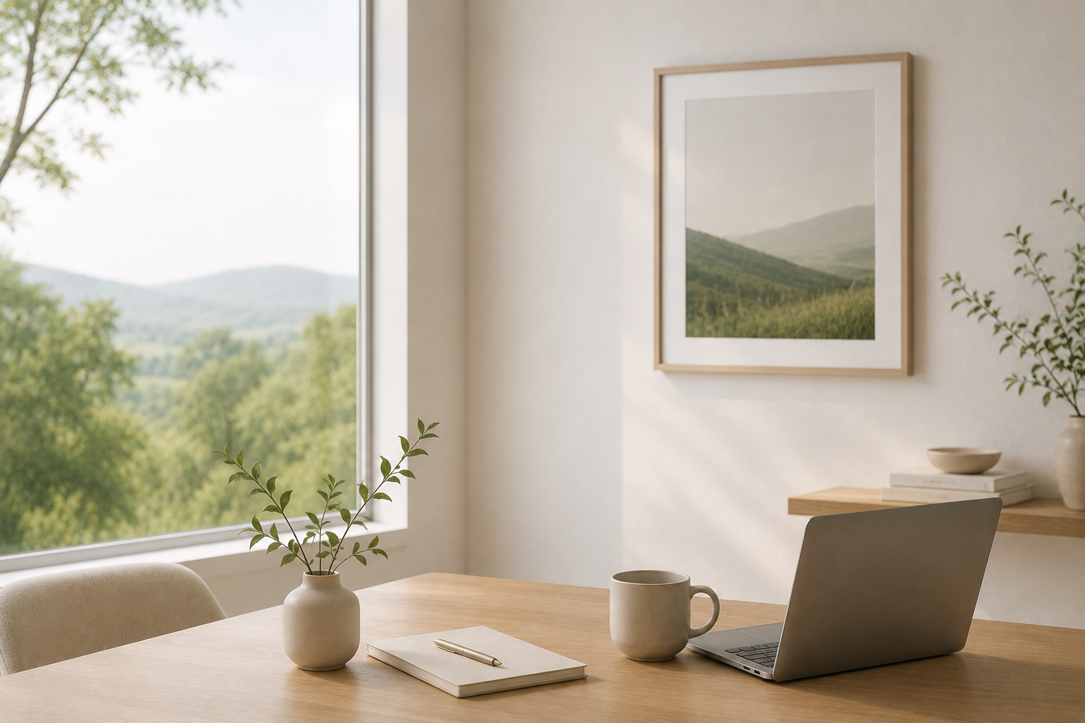 A tidy home office with a wooden table near a large window overlooking green trees and mountains, decorated with a beige vase with green leaves, a white notebook with a pen, a ceramic mug, and a laptop.