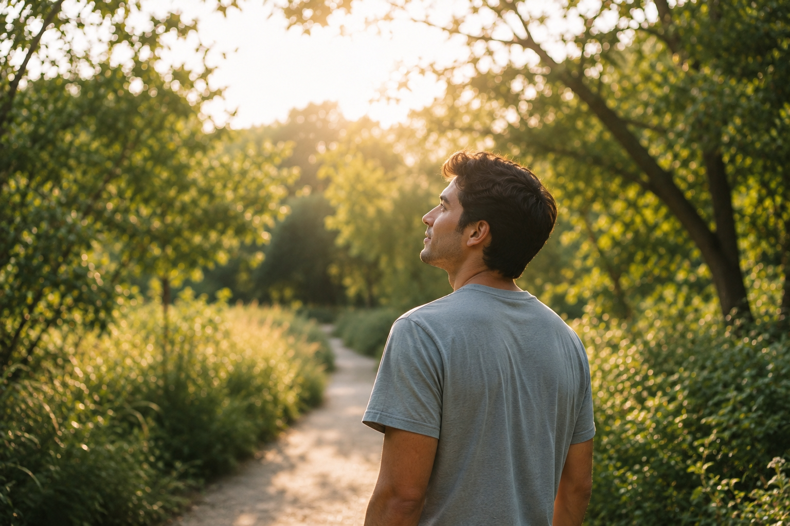 Man walking on a nature trail surrounded by green trees and bushes at sunset.