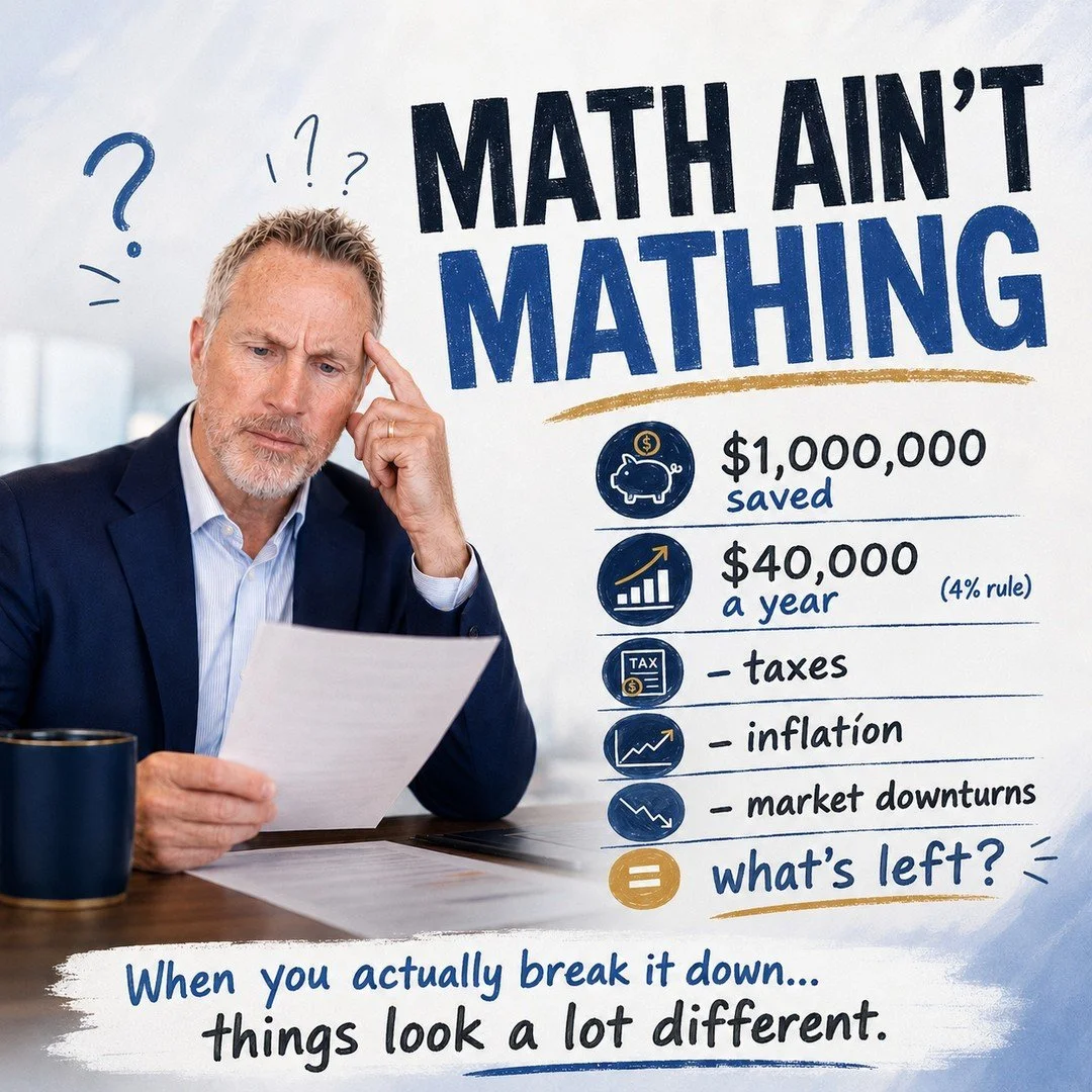 Man in a suit looking confused at a paper, with text about how math relates to finances, including savings, income, taxes, inflation, and market downturns.