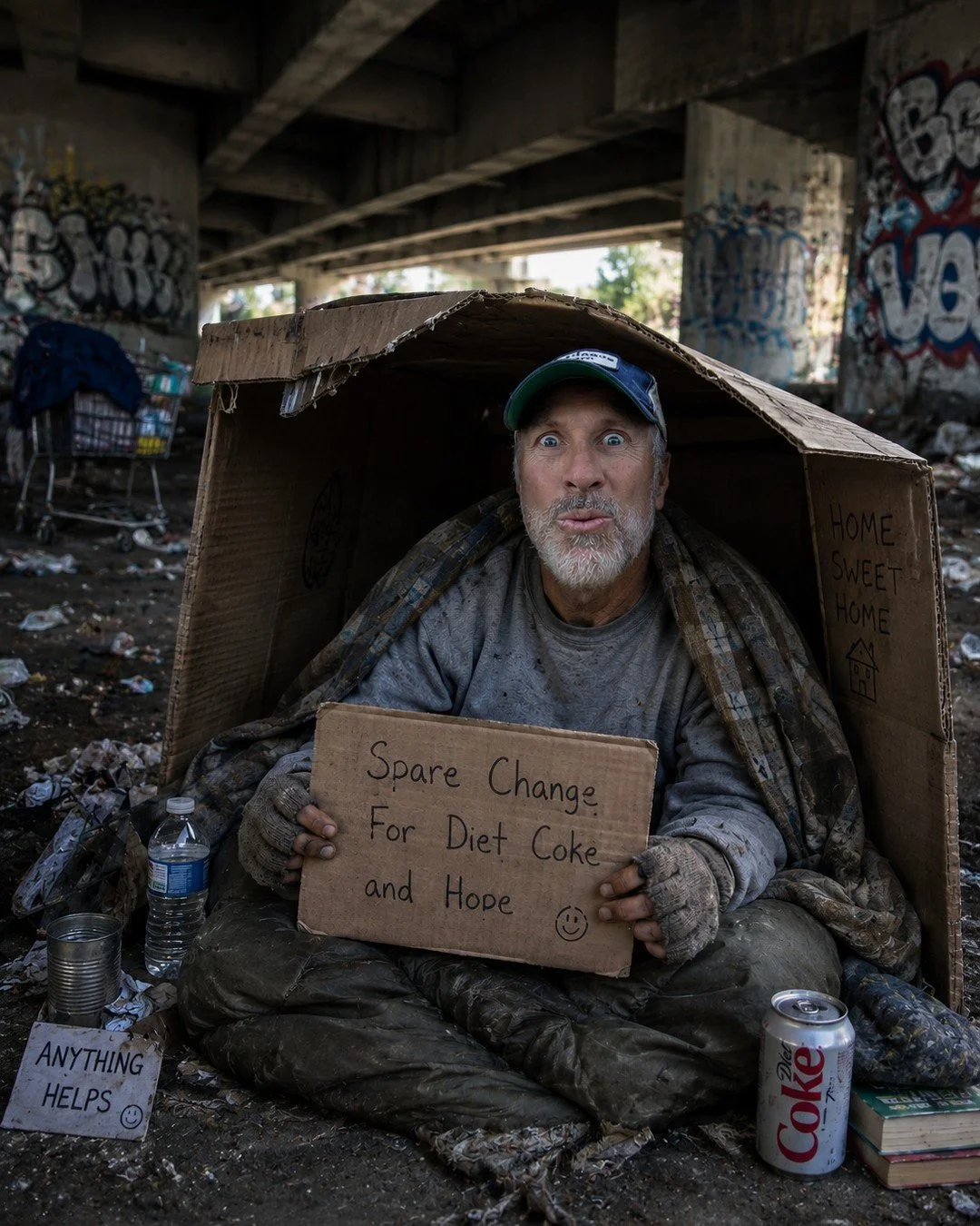 A homeless man under a bridge sits inside a cardboard shelter. He holds a cardboard sign that reads 'Spare Change For Diet Coke and Hope :)'. Surrounding him are bottles, cans, and a small sign that says 'Anything Helps :)'. He is making a funny face and wearing a cap and gloves.