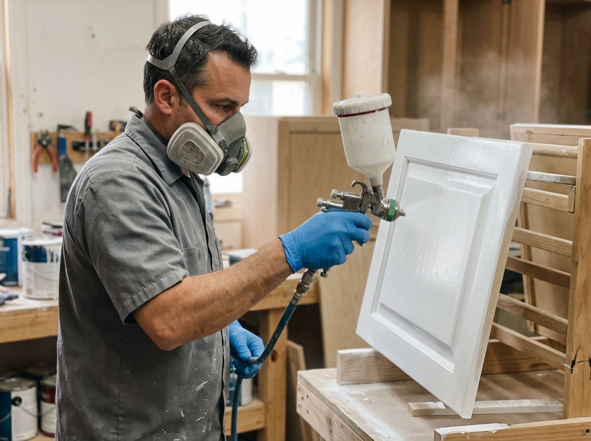 Man wearing a respirator mask and blue gloves spray painting a white cabinet door in a woodworking shop.