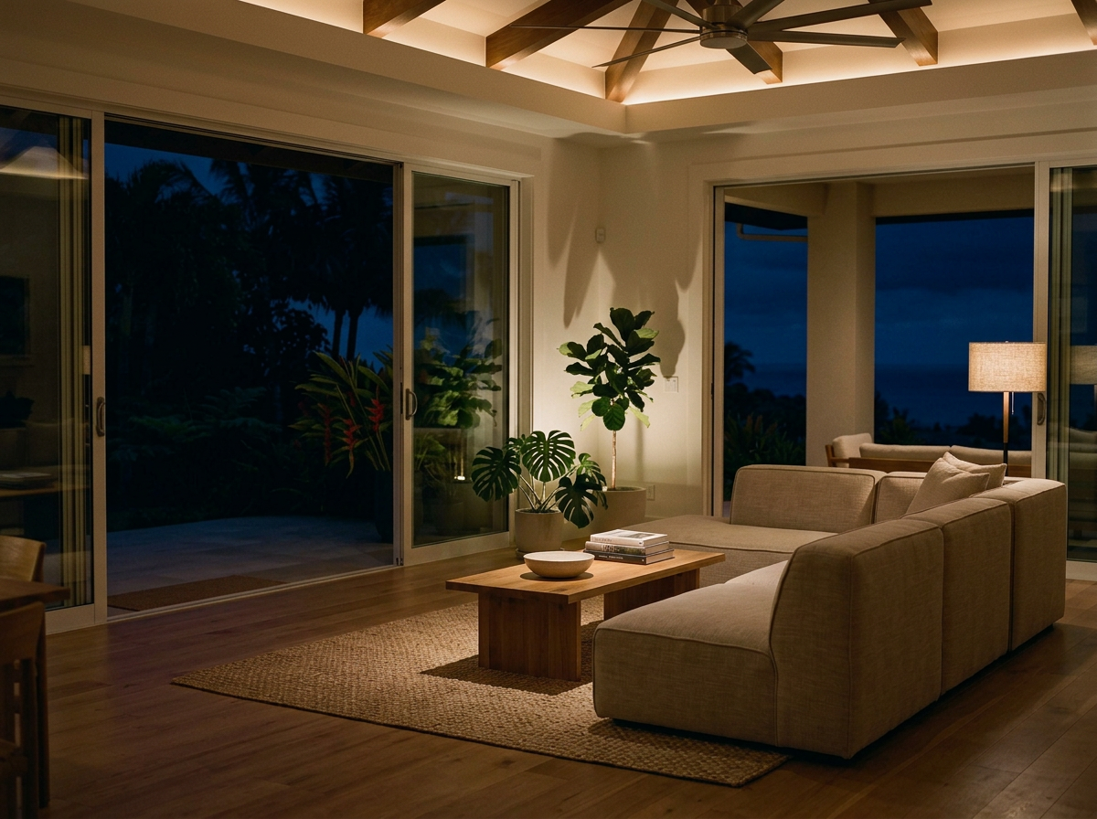 Living room with beige sectional sofa, wooden coffee table with books and a bowl, indoor plants, sliding glass doors revealing a night view outside, ceiling fan with wooden beams, warm lighting.
