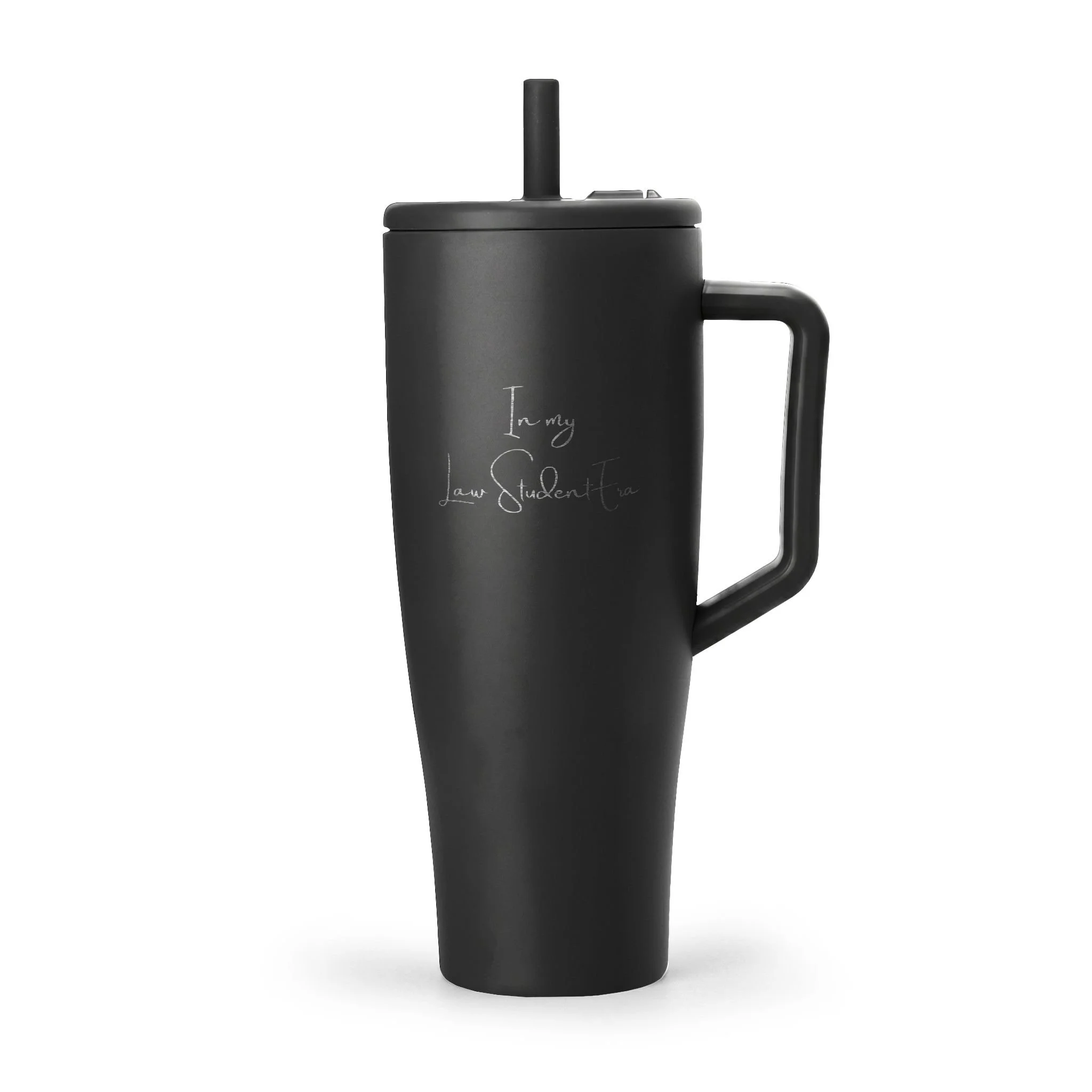 In My Law Student Era tumbler showing the engraved design and powder-coated stainless steel finish