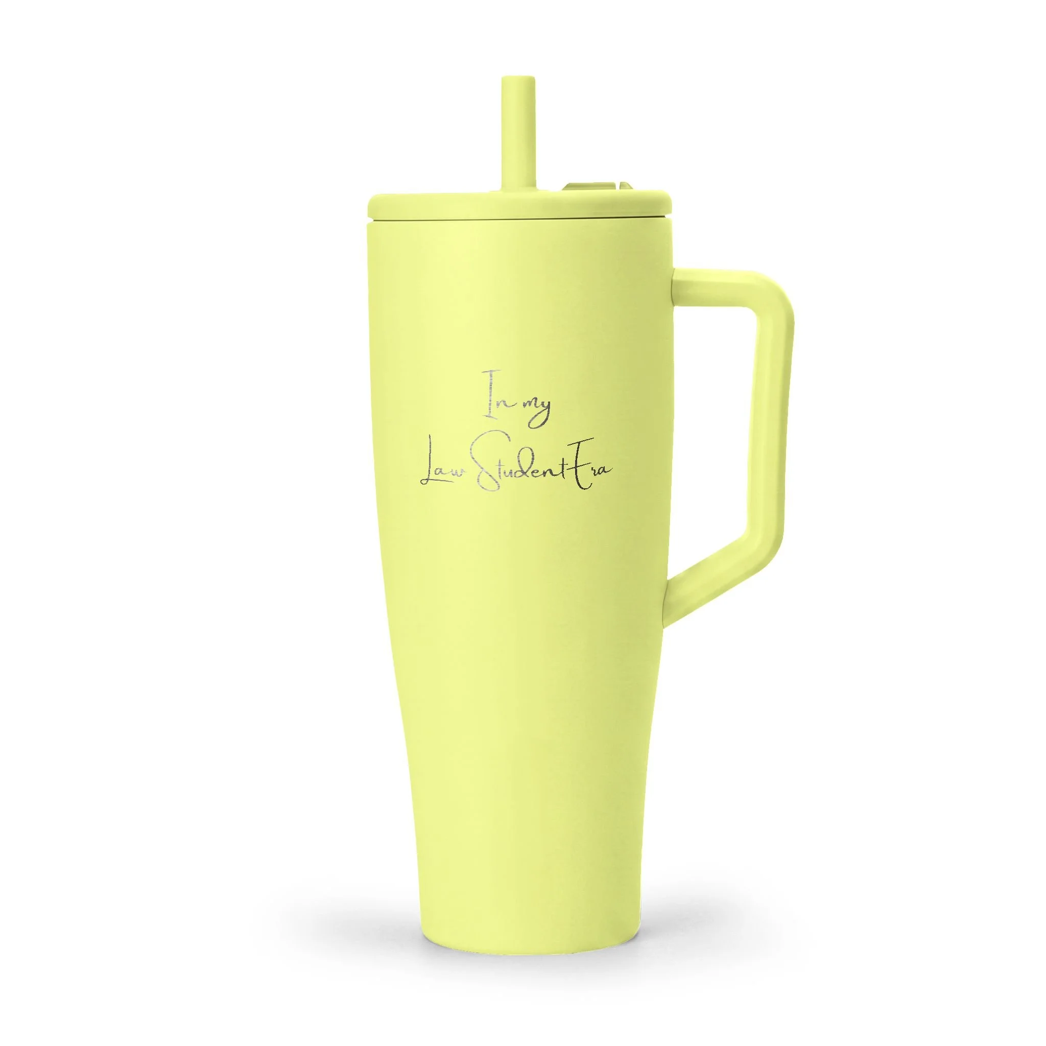 40 oz law student tumbler with engraved lettering, ergonomic handle, and non-slip base