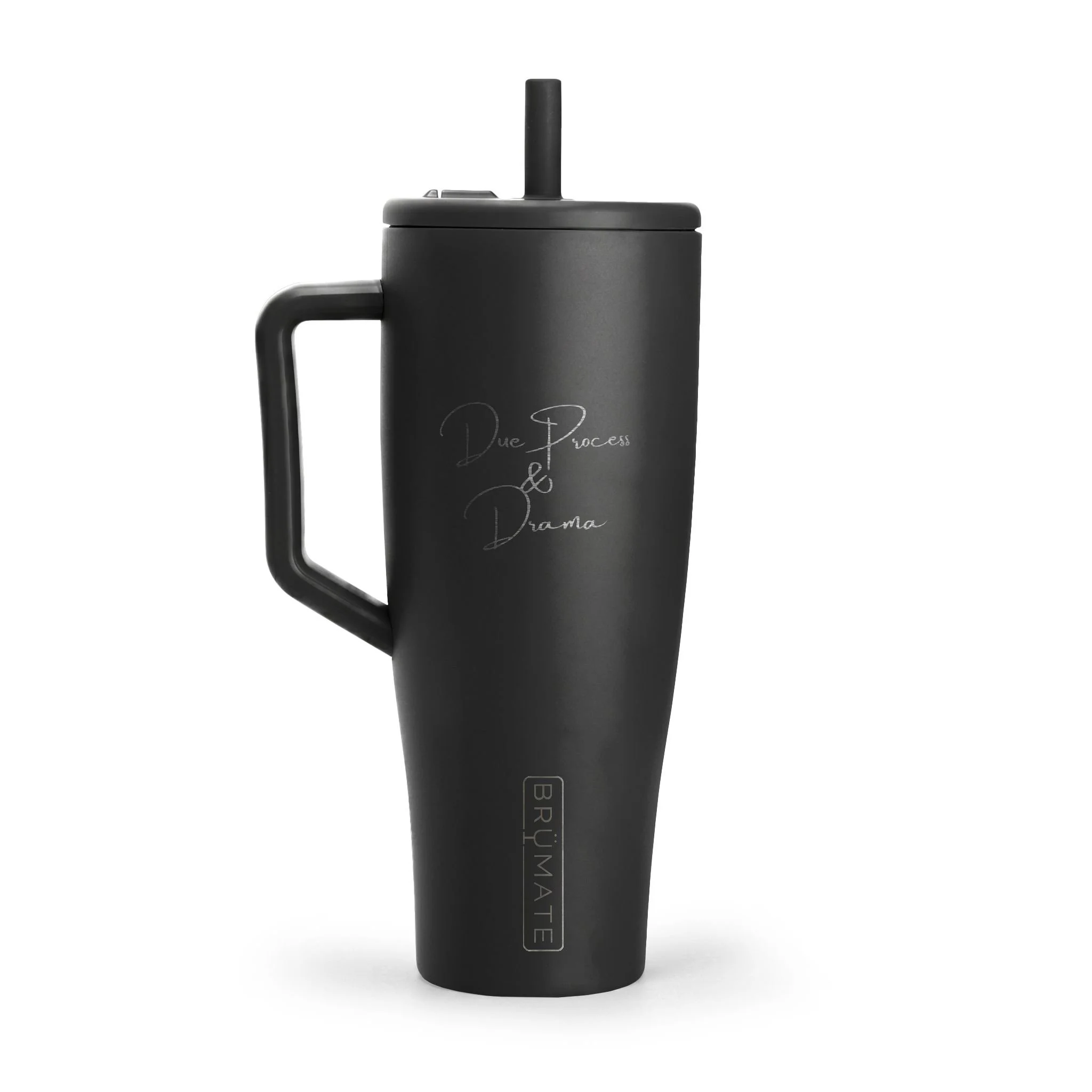 Engraved lettering on Due Process & Drama tumbler