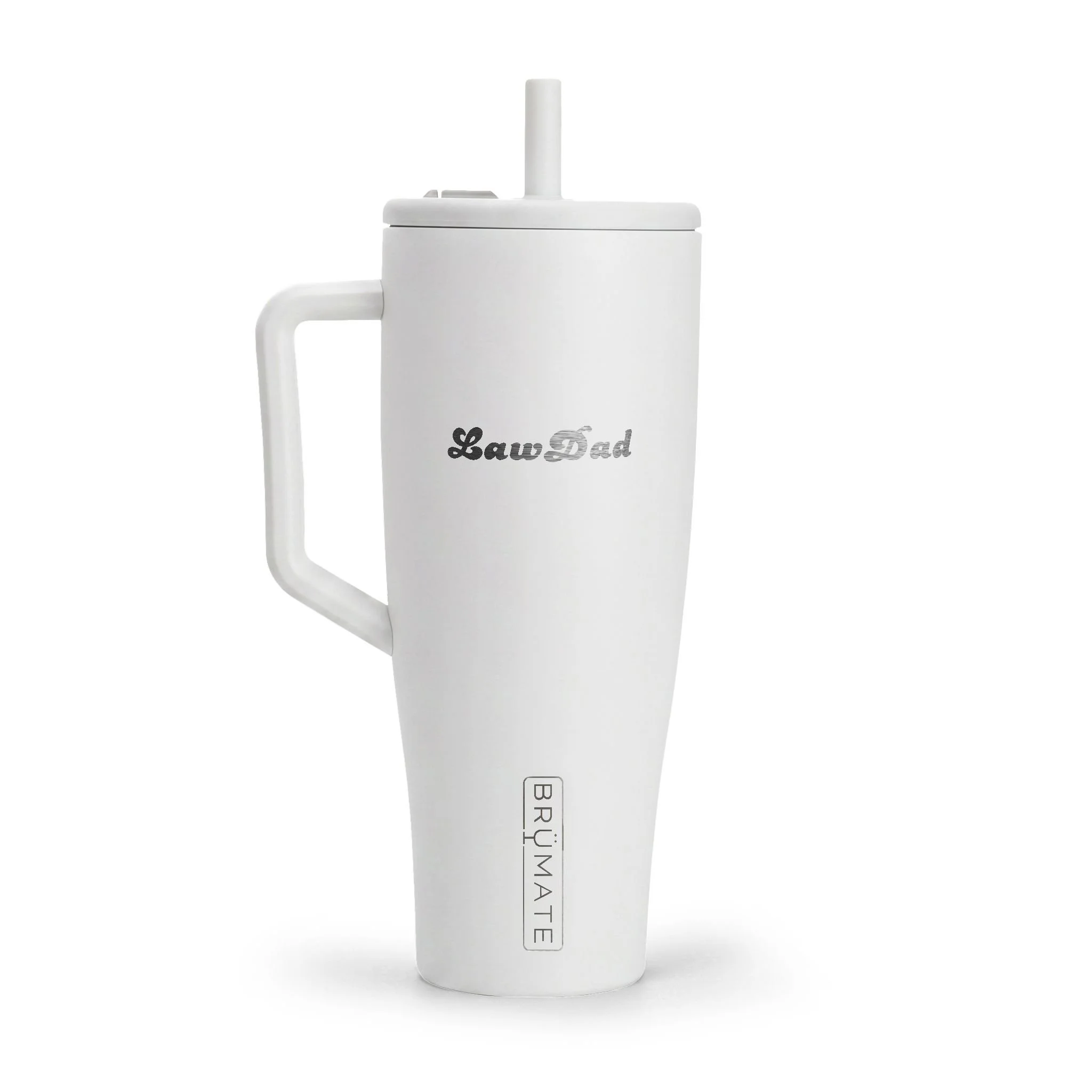 Law Dad tumbler with unique engraved lettering, ergonomic handle, and non-slip base