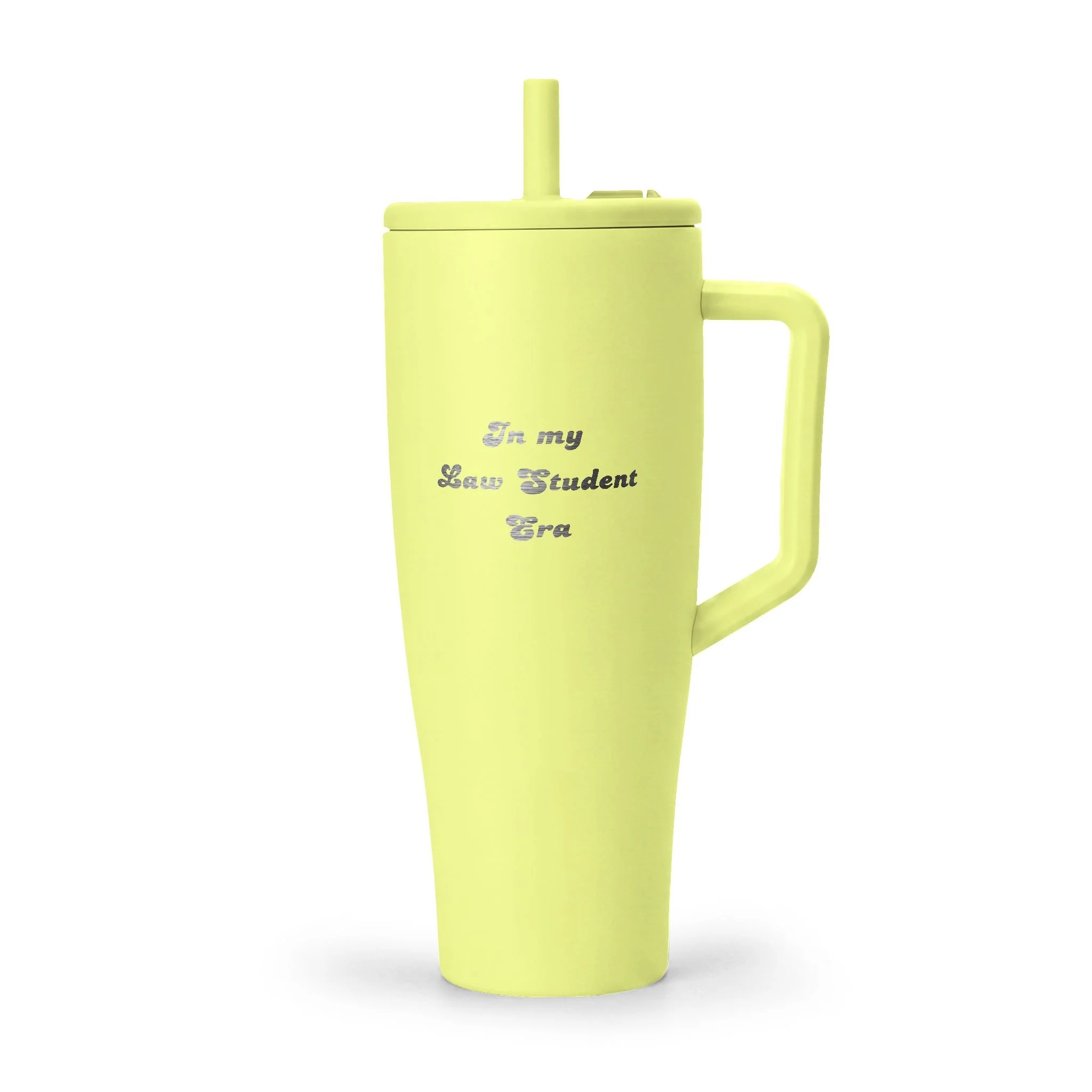 In My Law Student Era tumbler photographed with its stainless steel straw and powder-coated finish
