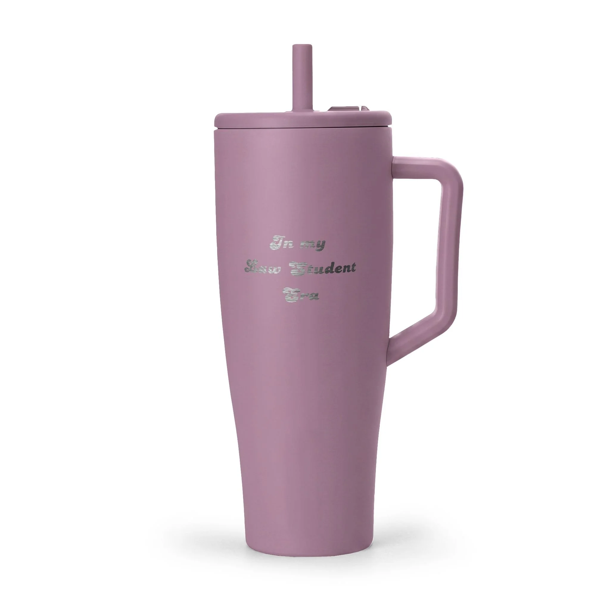 In My Law Student Era 40 oz engraved tumbler shown from the front with purple design