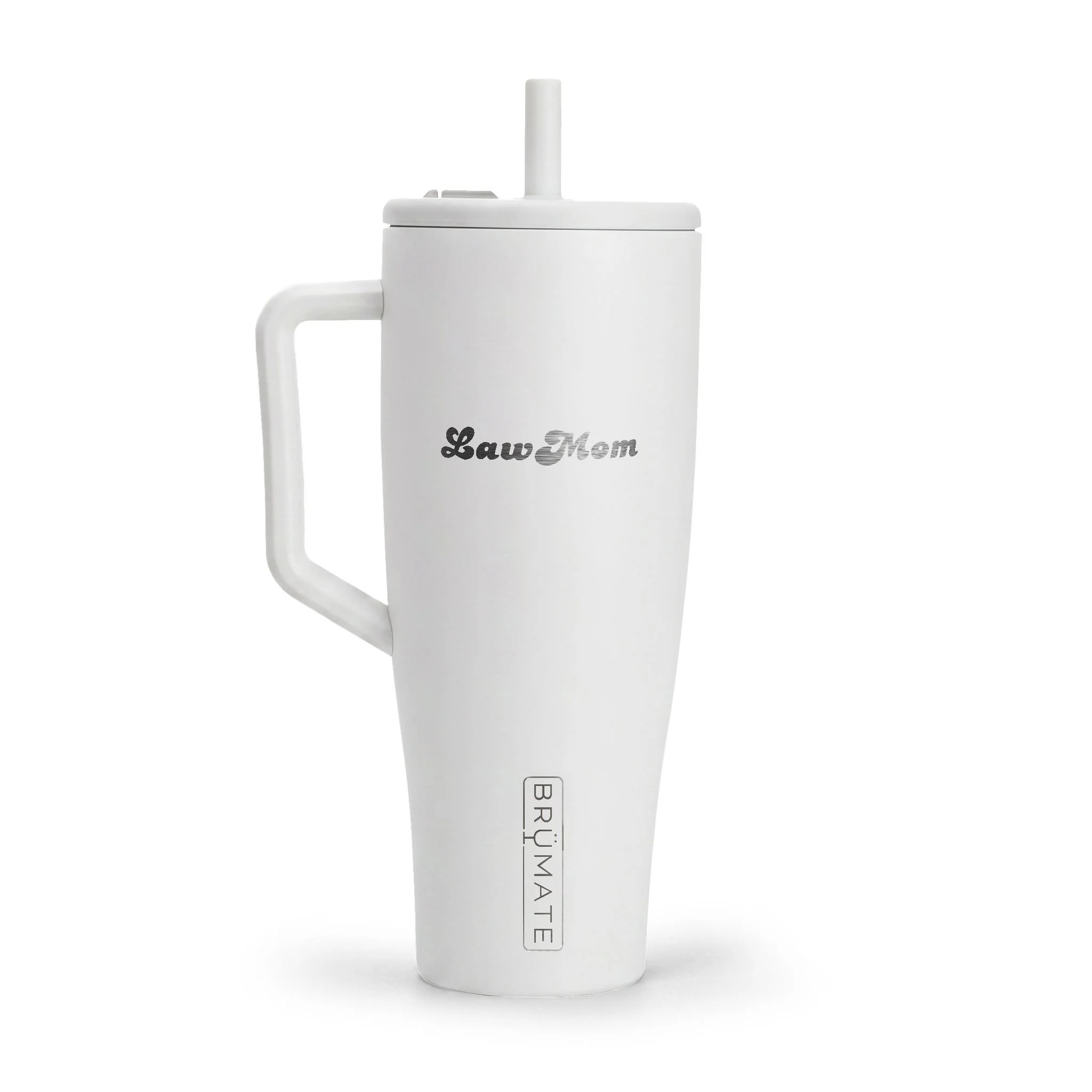 Law Mom tumbler showing the engraved design, ergonomic handle, and non-slip base