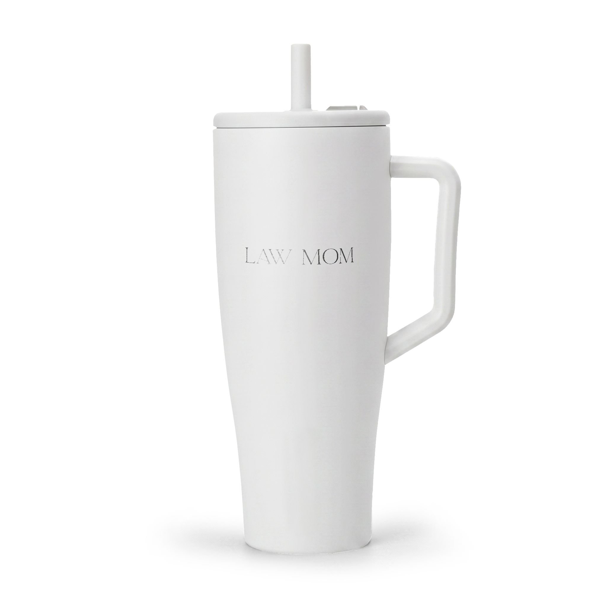 Law Mom tumbler featuring distinctive engraved lettering and powder-coated finish